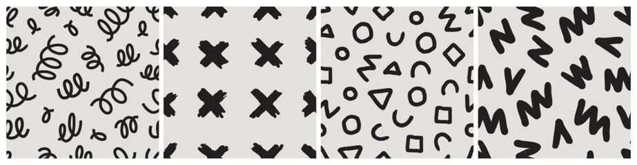 Abstract brush painting pattern seamless stroke set. Black and white modern paint line background collection monochrome. wallpaper print messy rough hand drawn texture collection.
