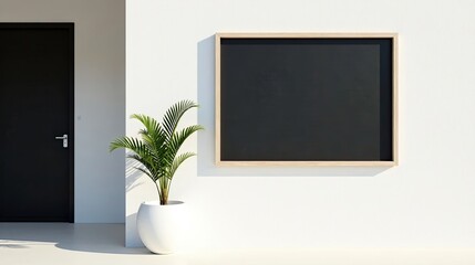 Modern minimalist entryway with a blank sign and potted plant