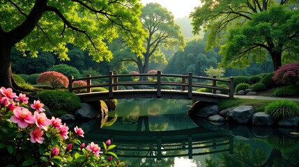 Fototapeta premium Serene Garden Landscape Featuring a Wooden Bridge Spanning a Calm Pond, Surrounded by Lush Greenery and Blooming Flowers