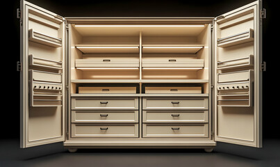 A modern storage cabinet with multiple drawers and shelves, illuminated for visibility.