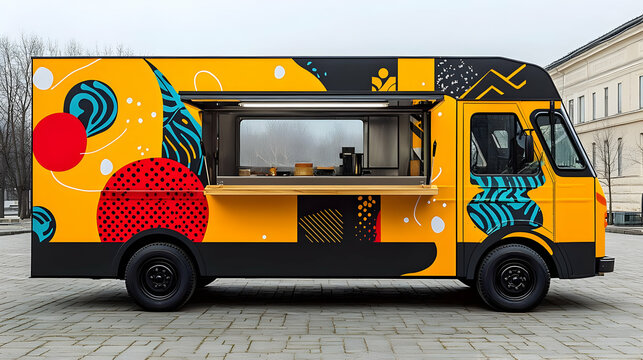 A vibrant food truck featuring colorful graphics and an open serving area.