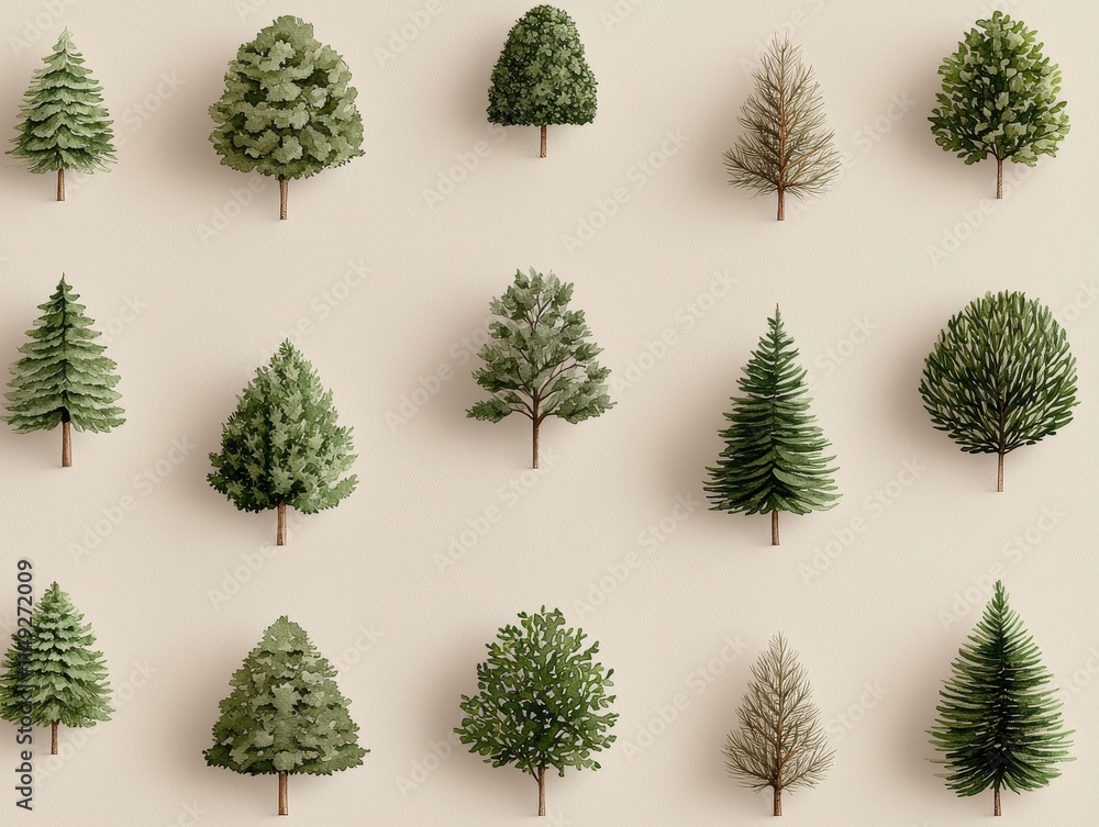 Aufkleber a variety of green trees displayed in a grid pattern, showcasing different shapes and sizes against 
