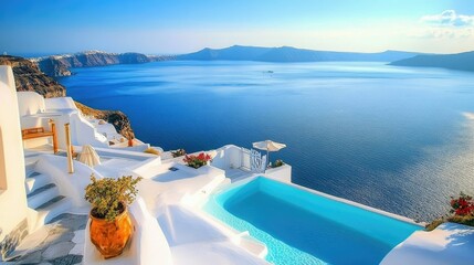 Scenic View of Santorini Island with Infinity Pool and Ocean Horizon