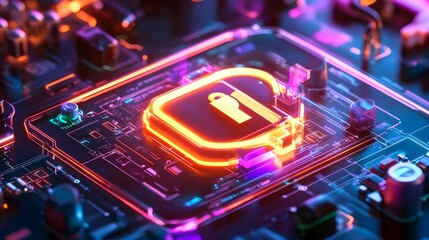 neon cyber security lock on circuit board - neon and glowing effects