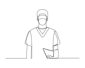 Obraz premium a medical professional wearing a V-neck scrub top, holding a clipboard. The drawing focuses on the outline of the figure and the clothing details, capturing a healthcare illlustration