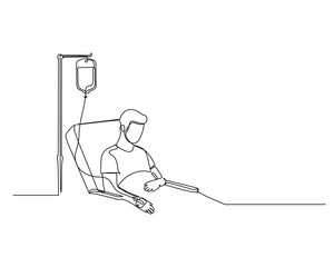 a person lying in a hospital bed, receiving an intravenous infusion The IV drip stand is next to the bed, connected to the persons arm Ideal for medical care them