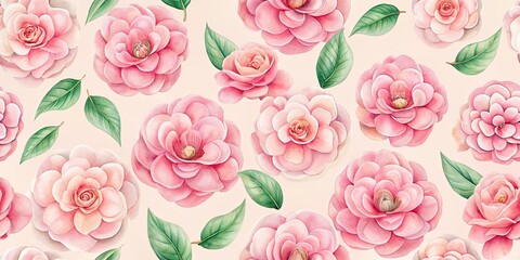 Delicate Pink Camellia Blossoms and Lush Green Leaves Seamless Pattern for Elegant Design