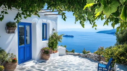 Fototapeta premium Scenic Coastal View from a Whitewashed Terrace in Greece