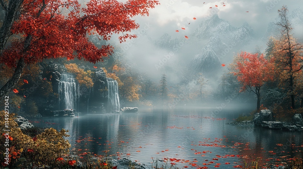 Wall mural Autumn Waterfall Lake: Serene Nature Scene