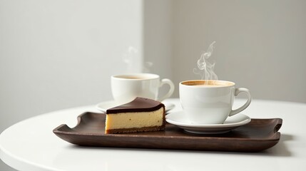 Obraz premium A delightful afternoon treat steaming coffee and a decadent chocolate cheesecake slice served on a rustic wooden tray