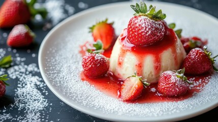 Creamy dessert with strawberries and sweet sauce on a plate