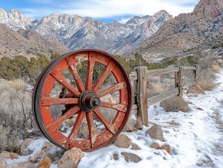 Fototapeta premium Rustic red wagon wheel rests by snowy fence against a backdrop of snow-dusted mountains. Perfect for winter, western, or rustic themes, evoking feelings of nostalgia and adventure.