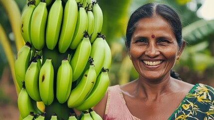 Banana plantation. A happy Indian farmerette, female farmer, with her organic bananas in a farm. Sustainable agriculture for living