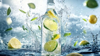 Refreshing lemon water splashing in sunlight.