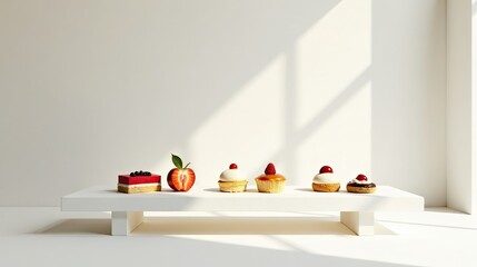 A Delightful Arrangement of Mini Desserts and Fresh Fruit on a White Display