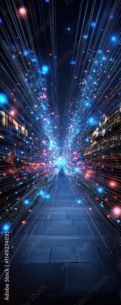 Poster a mesmerizing pathway illuminated by streams of vibrant blue and pink light, evoking a sense of spee