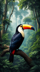 a detailed illustration of a majestic toucan standing on a branch in the jungle.