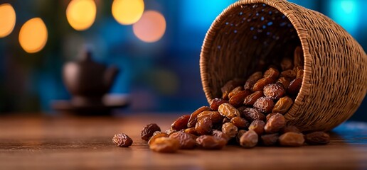 Dried dates in a woven basket on a wooden surface.