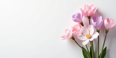 Fototapeta premium Delicate Pink and Lavender Blossoms on a White Background, a Peaceful and Serene Floral Arrangement for Design Inspiration