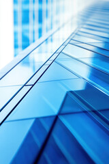 Obraz premium Abstract view of modern glass skyscraper with blue-tinted windows reflecting the sky, showcasing architectural lines and urban design.