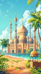 Naklejka premium cartoon mosque scenery for soft wallpaper design collection