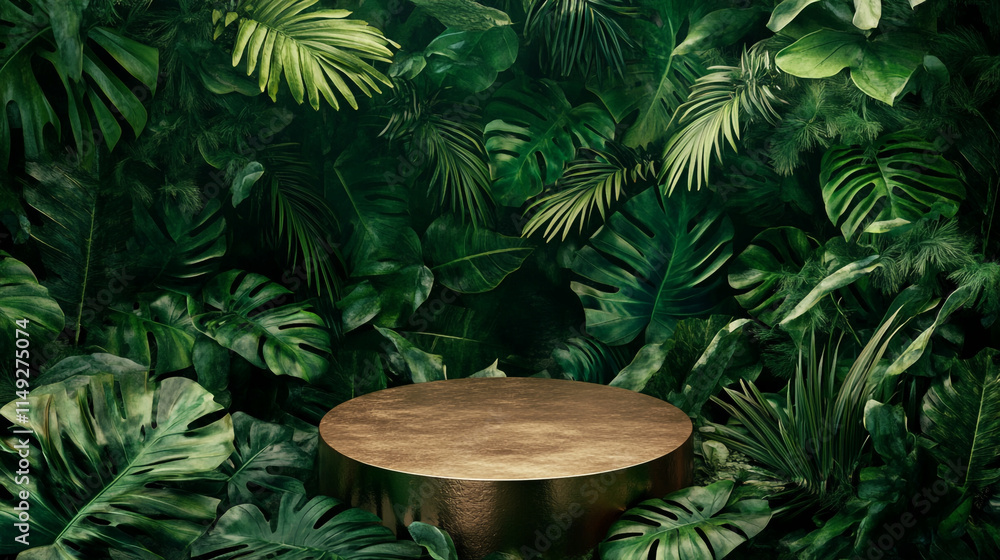 Poster Lush tropical backdrop with a circular golden table in natural setting. 