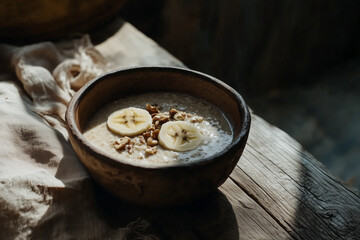 Millet porridge with banana slices and nuts, rustic wooden background, soft and inviting morning light --ar 3:2 --v 6.1 --style raw