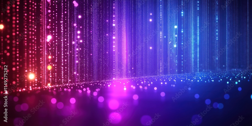 Poster abstract futuristic tech background with vertical lines of glowing purple, blue gradient lights. man