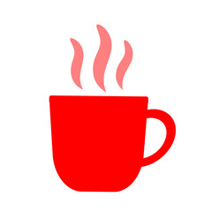 Vector illustration single coffee mugs in red colour and red coffee steam isolated in white background. Valentine coffee. Valentine date coffee. Coffee mug clip art