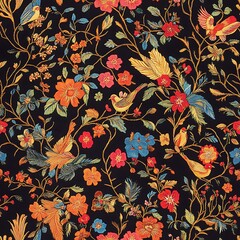 Exotic Birds Embroidery Design with Floral Elements on Black