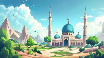 Naklejka premium cartoon mosque scenery for soft wallpaper design collection