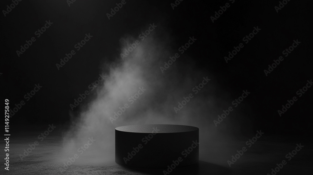 Poster dark stage with fog surrounding a circular pedestal in a dimly lit space.