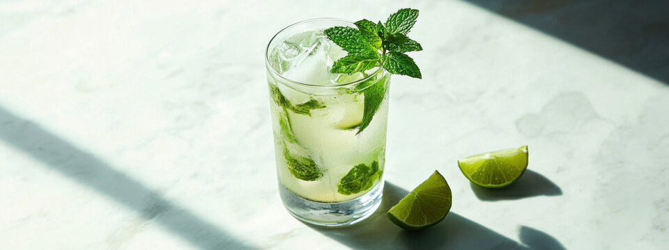 Refreshing mojito cocktail served with mint leaves and lime wedges on a sunlit marble surface.