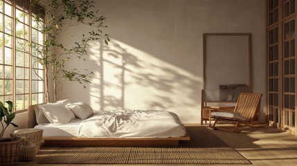 Serene Japandi bedroom with natural light and minimalist design