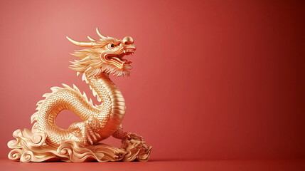 Obraz premium Majestic golden dragon statue on a vibrant red background, perfect for Chinese New Year, Lunar New Year, and Asian-themed designs. Ample copy space for personalized text and decorative elements.