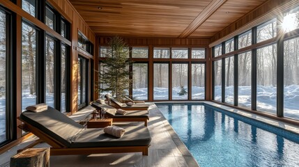 Fototapeta premium A cozy indoor pool area with warm wooden accents, modern loungers, and wide windows showcasing a snowy landscape