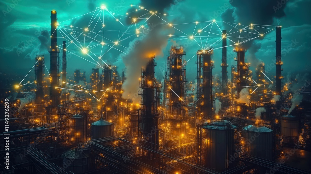 Poster industrial complex illuminated by warm lights at night. smoke rises from tall structures. digital ne