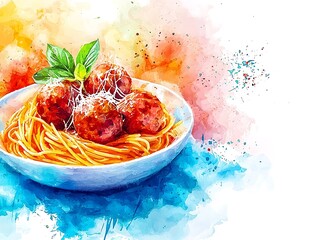 Watercolor Painting of Spaghetti with Meatballs and Basil.