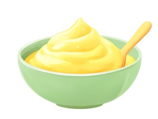 A digital illustration of a light green bowl filled with a yellow creamy dessert and a wooden spoon.