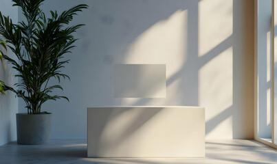 Obraz premium A minimalist interior featuring a plant and a pedestal with a blank surface.