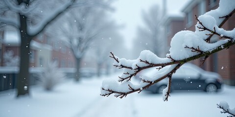 Winter wonderland scene snow-laden branch in soft focus, quiet residential street background