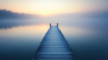 Serene morning on a tranquil lake featuring a minimalist wooden pier bathed in soft sunrise light