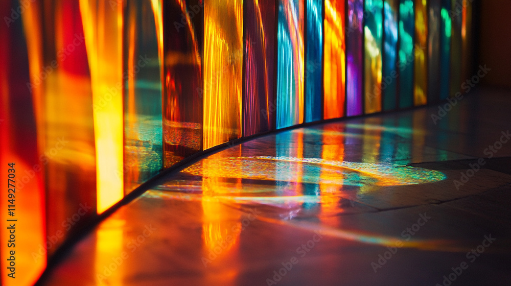 Poster vibrant reflections create patterns on polished surface in artistic installation.