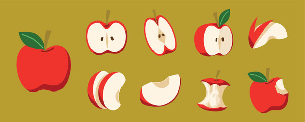 Illustration cartoon of fruit designs. Collection design of apples come in various forms, such as whole, halved, sliced, cut, and apples core. Idea for icons, labels, or digital decoration.