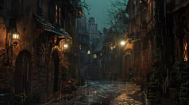 Medieval stone pathway at night between historic houses with warm glowing lamps  
Seamless looping 4k time-lapse virtual video animation Generated AI