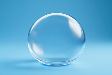 Transparent glass sphere on blue background.