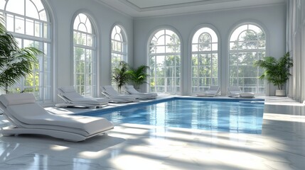 Fototapeta premium A luxurious indoor pool with sleek white lounge chairs, marble flooring, and soft sunlight streaming through high windows.