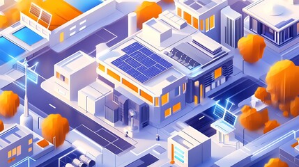 A detailed isometric design showcasing renewable energy systems with efficient grid management, emphasizing sustainability and innovation.