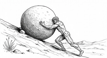 pen and ink line drawing of Sisyphus rolling large boulder uphill uphill
