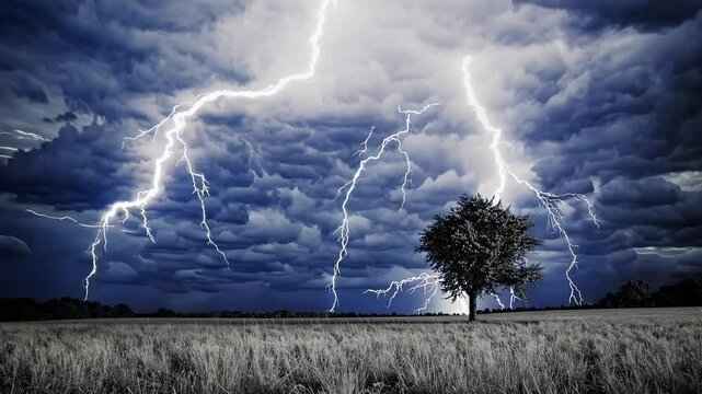 Lone Tree Amidst Barren Field Under Gloomy Sky, Pre-Storm Scene